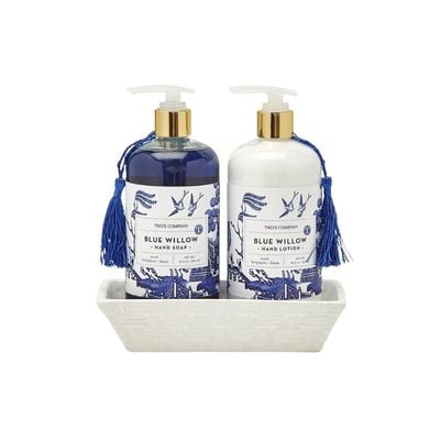 blue and white chinoiserie soap and lotion dispenser