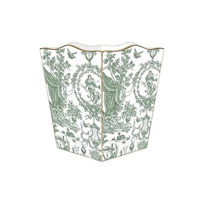 a green and white patterned waste basket
