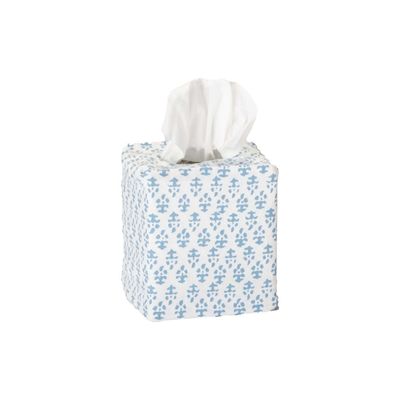 a blue and white tissue box cover