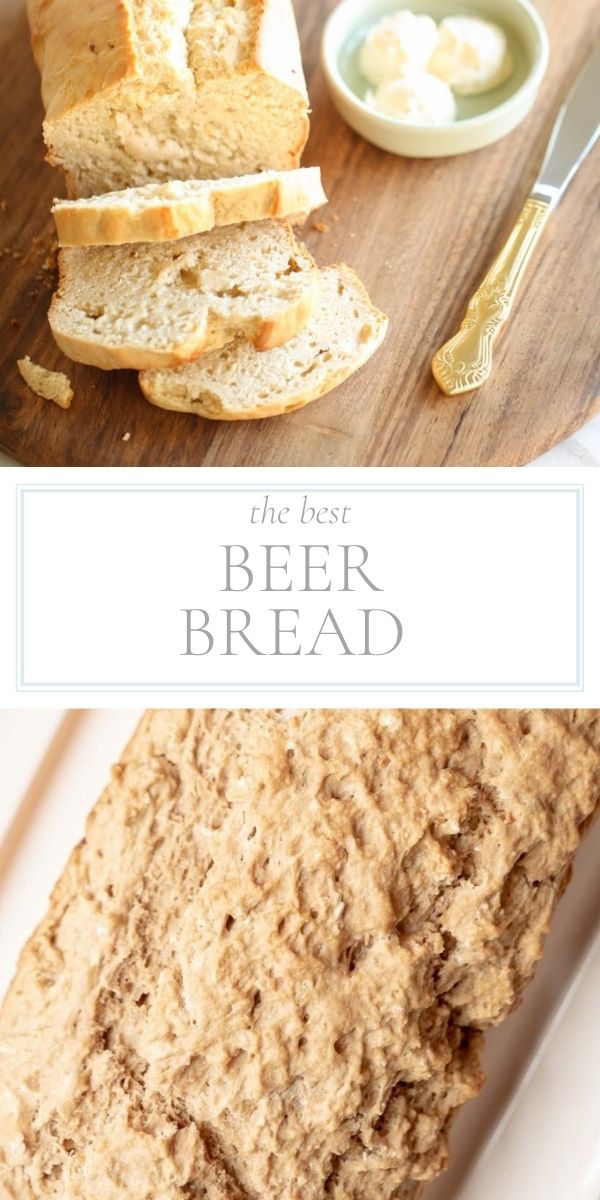 Top photo in post is a loaf of bear bread that has been partially sliced laying on top of a wooden cutting board with a white ramekin of butter and a butter knife to the right. The bottom photo is a closeup of a loaf of beer bread.