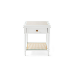 white and can side table with drawer