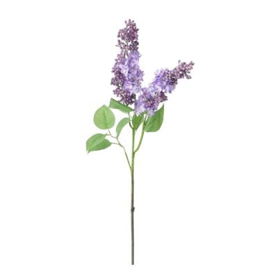 a purple lilac faux flower stem against a white background.