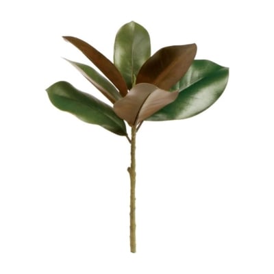 A faux foliage with a green and brown leaf on a stem.