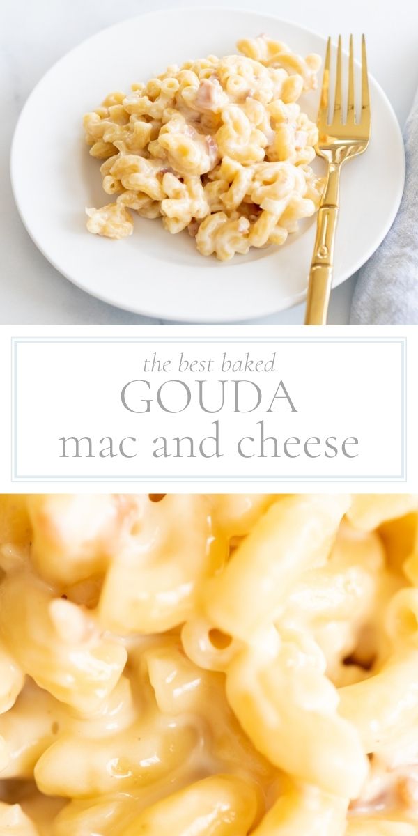 Top photo of post is a round white plate of gouda mac and cheese. There is a gold fork resting on the plate. The bottom photo is a close up of the mac and cheese.