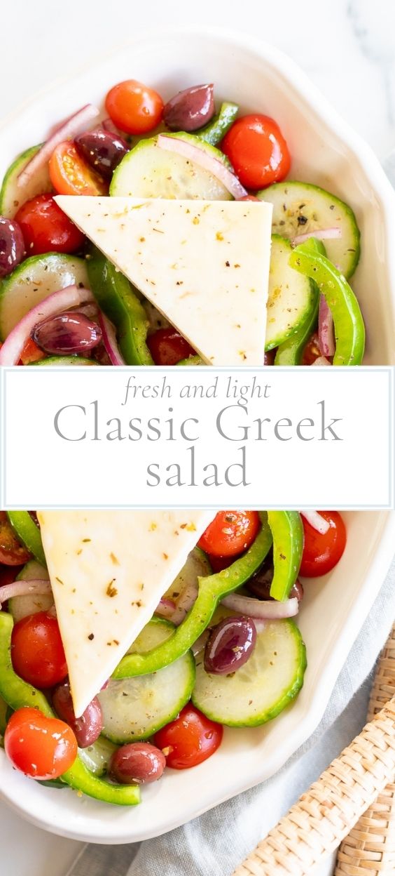 Greek salad in a white oval dish.
