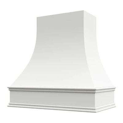 A white wood range hood cover for an insert hood. 