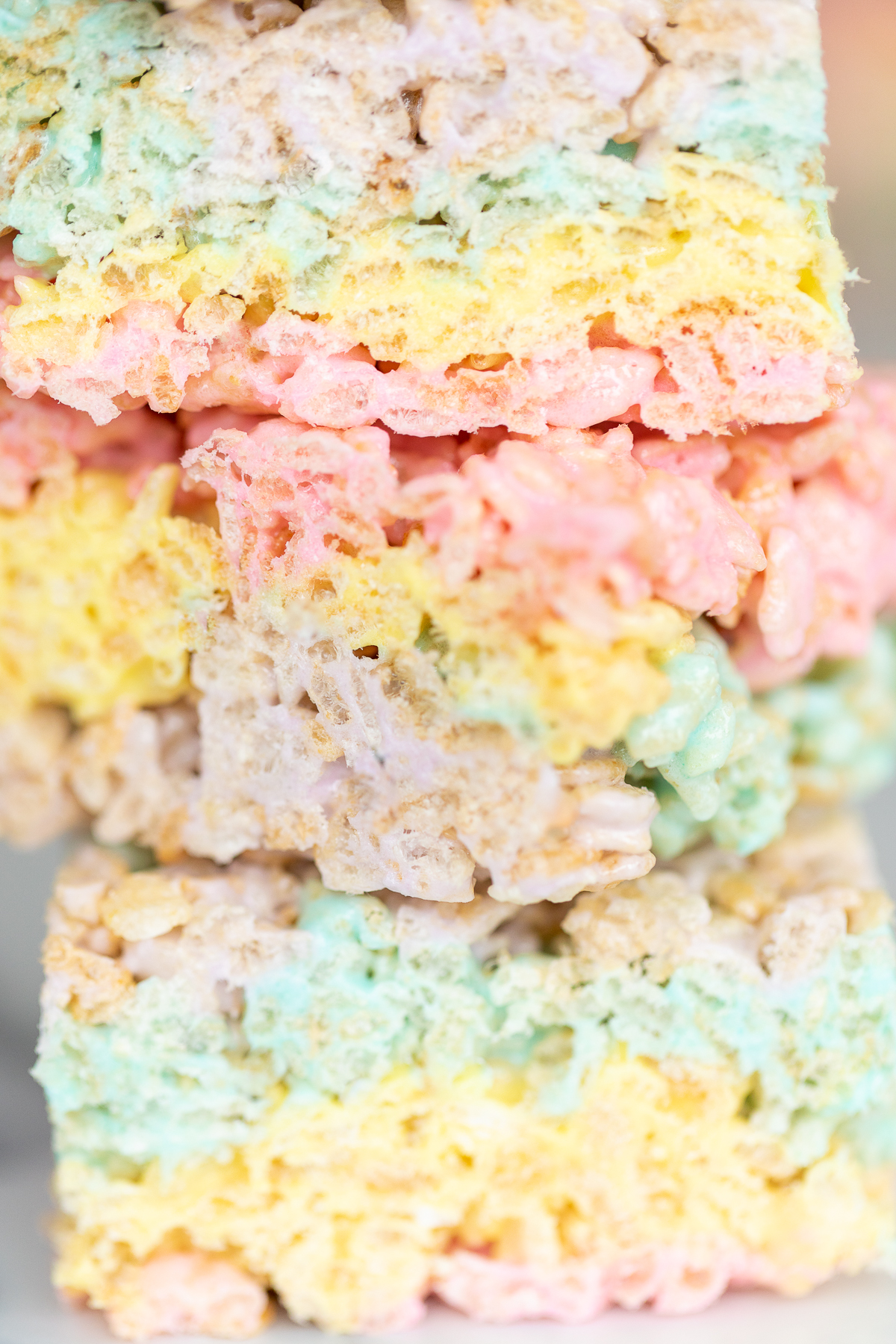 Closeup of stack of 3 Peeps treats, showing layers of color