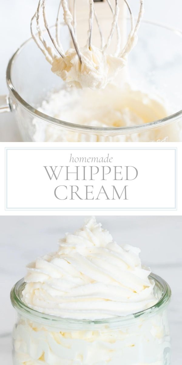 Top of photo is whipped cream in a glass mixing bowl with the beater above the bowl covered in whipped cream. The middle is the wording "homemade whipped cream.' The bottom photo is a small class ramekin filled with whipped cream.