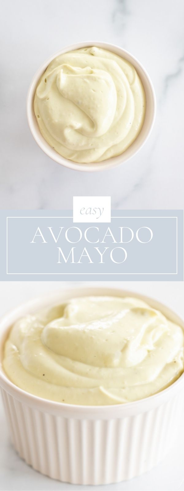 A white ramekin full of homemade avocado mayonnaise, on a marble countertop.
