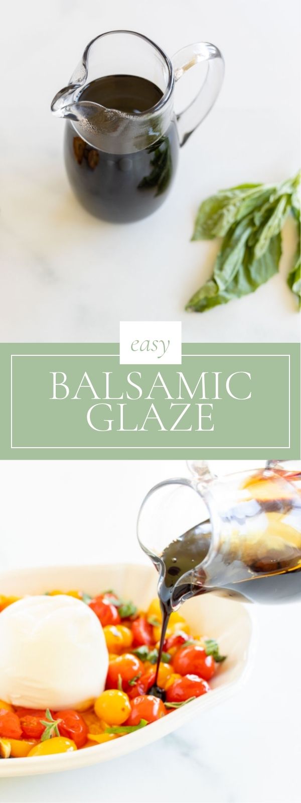 On a marble counter top, there is a glass pitcher of Balsamic Glaze and of it pouring onto a baking dish of tomatoes, basil, and mozzarella.