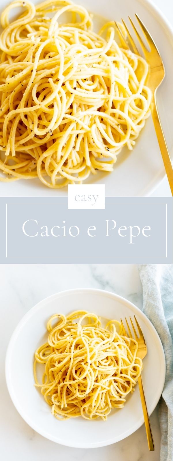 Cacio e pepe on a white plate with a gold fork.