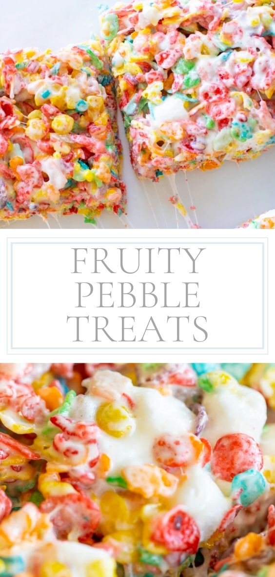 On a marble counter, there are fruity pebble treats sliced into servings.