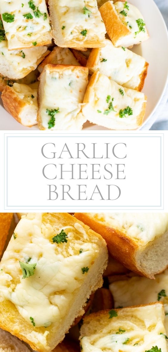 Bowl of garlic cheese bread set on pale blue linen cloth, hands pulling apart a cheesy slice.