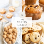 a graphic image featuring a variety of muffin images, center headline reads "12 easy muffin recipes"