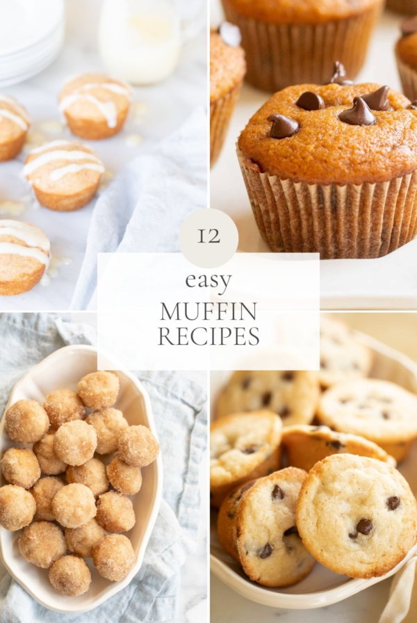 a graphic image featuring a variety of muffin images, center headline reads "12 easy muffin recipes"