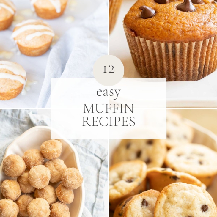 a graphic image featuring a variety of muffin images, center headline reads "12 easy muffin recipes"