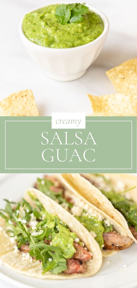 Title Page with two photos. The first pic is ofA bowl of salsa guacamole with tortilla chips surrounding and the second photos shows salsa guac on steak tacos.