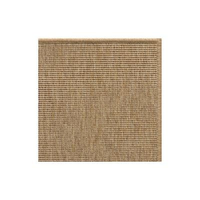 A square piece of tan woven carpet, styled as a custom sisal rug with finished edges and displayed on a white background.
