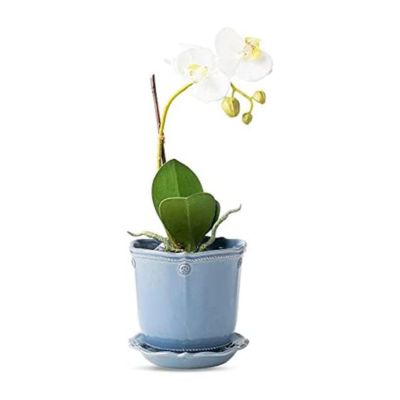 a faux orchid in a blue pot