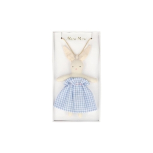 An adorable bunny doll in a blue gingham dress, perfect for Easter basket fillers.