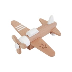 A wooden toy airplane, perfect for easter basket fillers, is shown on a white background.