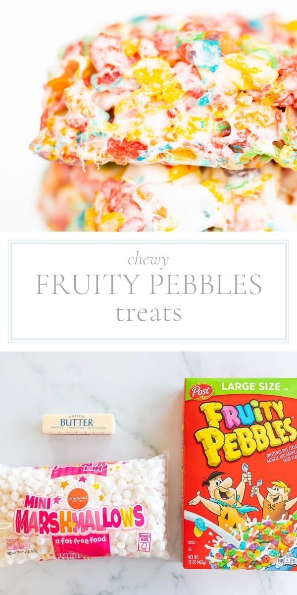 Top photo is a close up of Fruity Pebbles treats. Bottom photo are ingredients to make the treats.