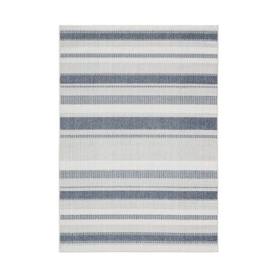 Polypropylene area rug with horizontal stripes in shades of gray, blue, and white.