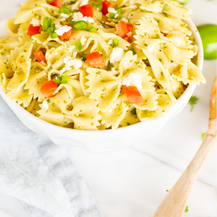 mexican pasta salad in a white bowl