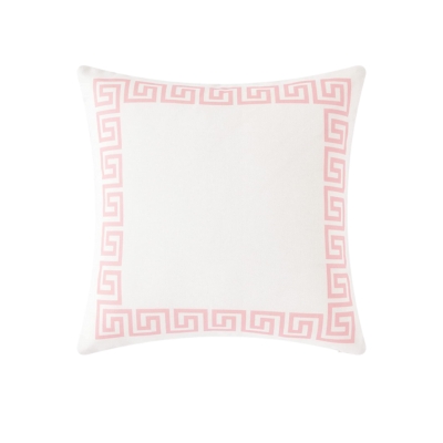 A pink and white greek key outdoor pillow