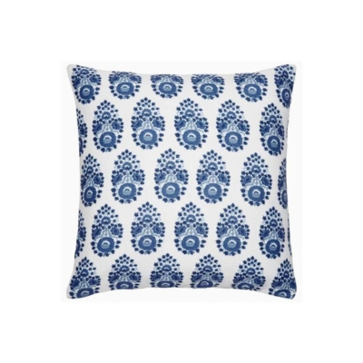 blue and white block print outdoor pillow