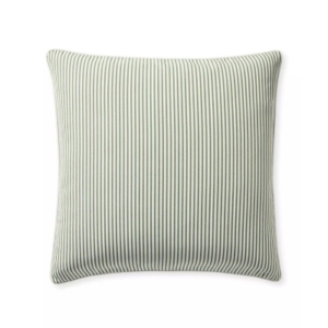 An outdoor green and white striped pillow on a white background.