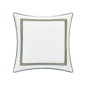 An outdoor white and green pillow with a green trim.