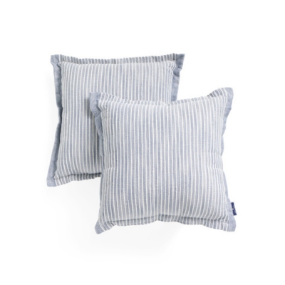 Blue and white striped pair of outdoor pillows.