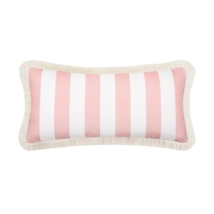 An outdoor pink and white striped pillow with fringe trim.