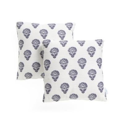 blue and white block print outdoor pillows.