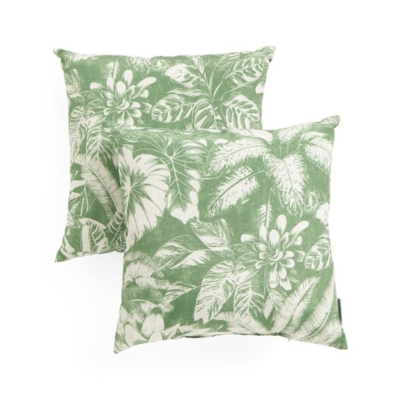 A pair of green and white patterned outdoor pillows