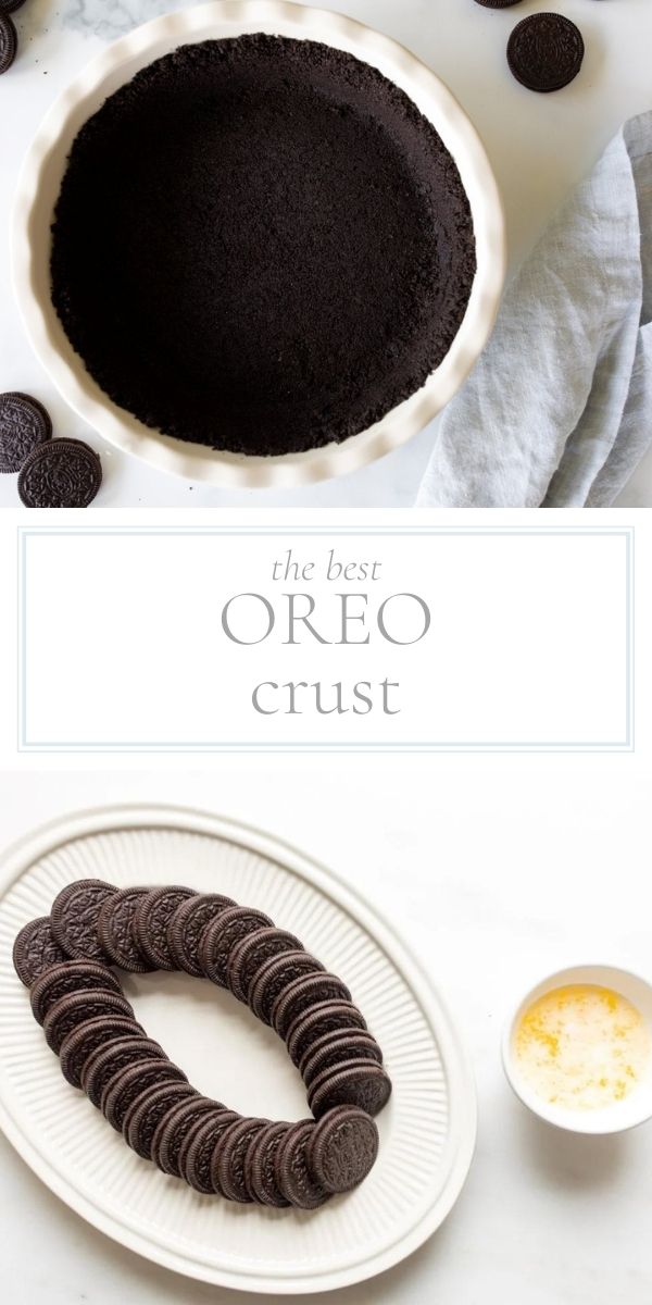 Top photo is white pie dish with crushed Oreo cookie crush inside laying on a white surface with Oreo cookies off to the side. Bottom photo shows ingredients of Oreo cookies on oval serving plate and butter in small white ramekin,