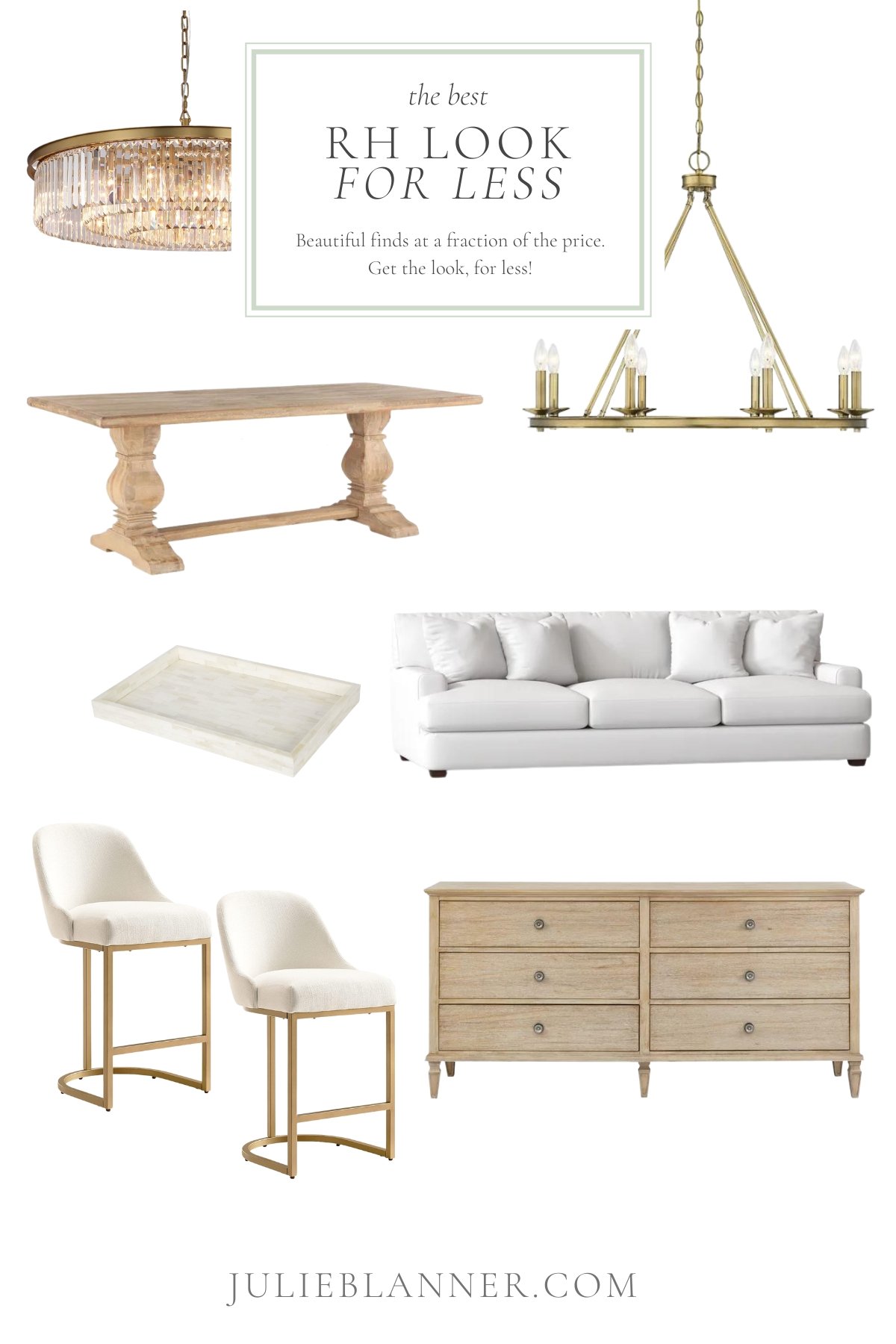 A graphic for a shopping guide on getting the RH look for less, featuring lots of items in the Restoration Hardware style. 