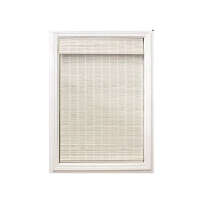 a white bamboo blind on a white window frame.