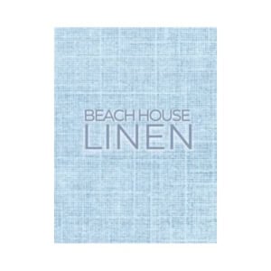 A light blue textured background with the words "BEACH HOUSE LINEN" in uppercase letters centered on the image, evoking the serene style of decorative books.