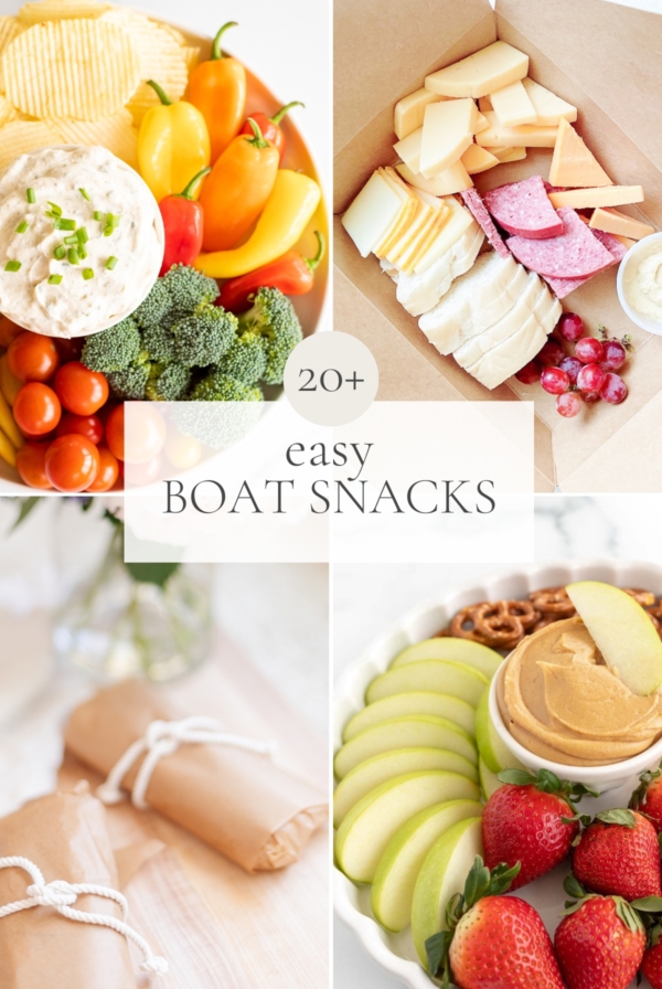 a graphic image featuring a variety of boating food ideas, with the title in the middle reading "20 easy boat snacks"