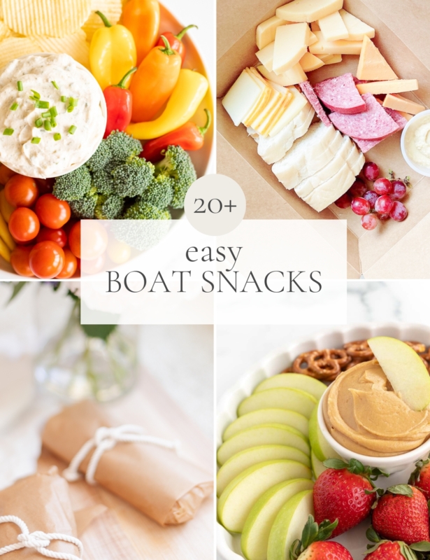 a graphic image featuring a variety of boating food ideas, with the title in the middle reading "20 easy boat snacks"