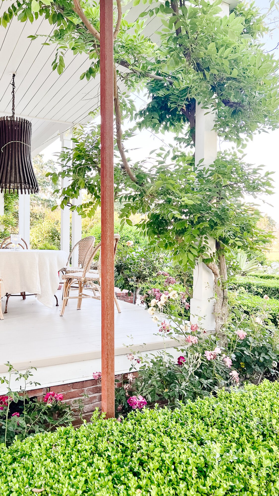 A deck, painted in a white color, surrounded by blooming landscaping.