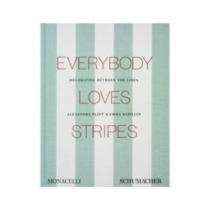 The book "Everybody Loves Stripes" is a perfect addition to your decorative books collection, featuring a cover with vertical green and white stripes, bold red text, and authored by Alexandra Elint and Emma Bazilian.