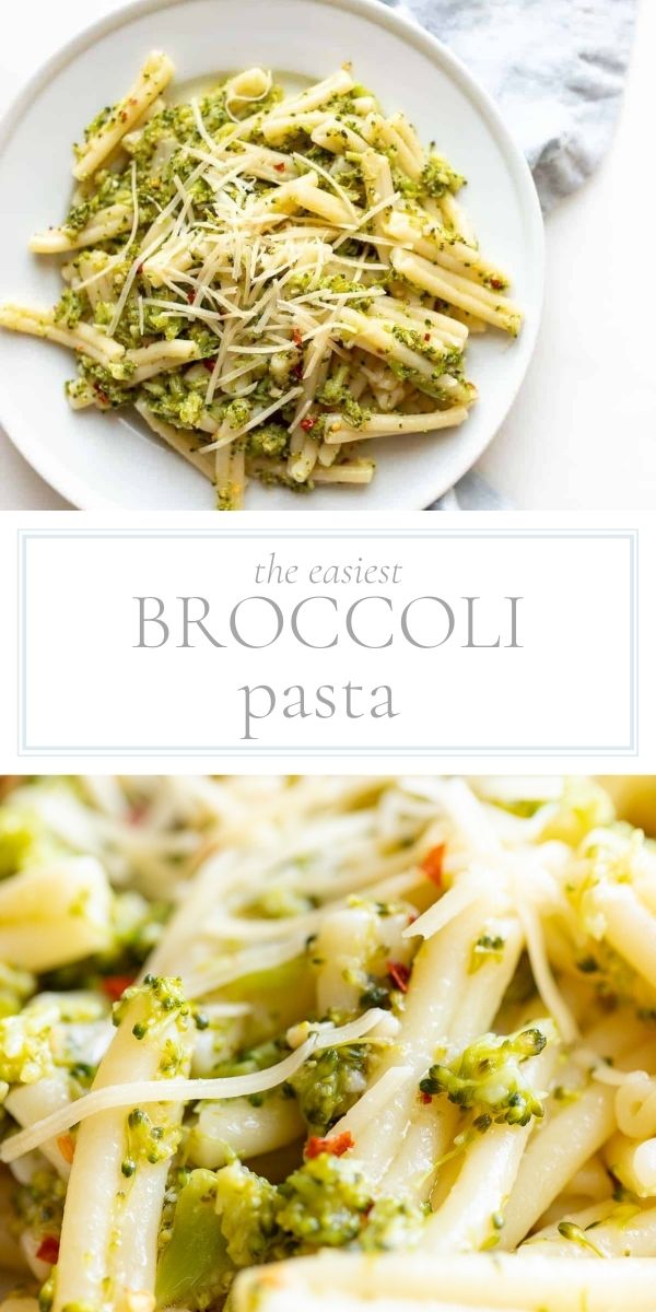 Top photo in post is an overhead picture of a white bowl of penne broccoli salad. In the middle of the post is the wording "the easiest broccoli pasta." At the bottom of the post is a close up of broccoli pasta.