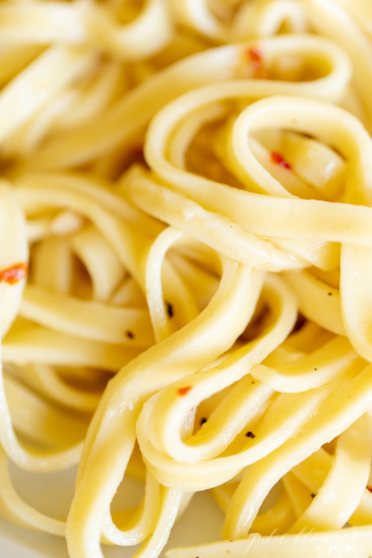 A close up of cooked linguine pasta noodles.
