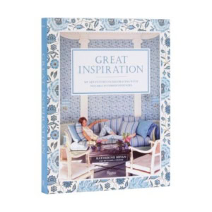 Book titled "Great Inspiration: My Adventures in Decorating with Natural Interior Elements" by Katherine Bryan, featuring a blue floral border and a room with blue and white decor—perfect for those who love decorative books.