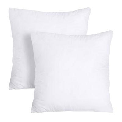 Two plain white pillow inserts with a smooth texture are positioned side by side against a white background.