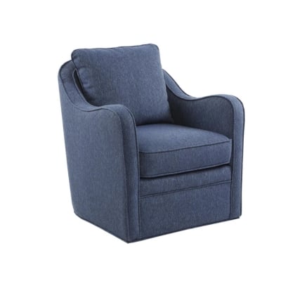 A navy blue swivel chair in a guide to Pottery Barn dupes