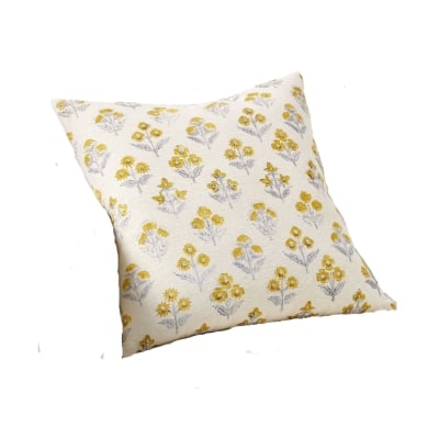 Get the Pottery Barn look for less with this stylish yellow and grey cushion adorned with beautiful flowers.